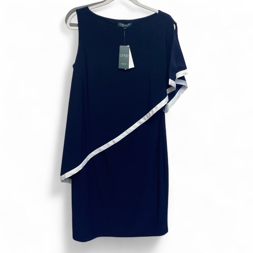 Lauren Ralph Lauren‎ Womens Dress Sz 12 Navy Blue White One Shoulder Sheath Cape